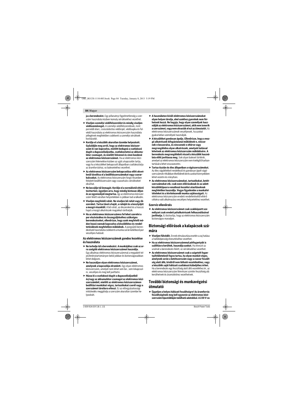 Biztonsági előírások a kalapácsok szá- mára, További biztonsági és munkavégzési útmutató | Bosch GBH 2-20 D Professional User Manual | Page 84 / 158