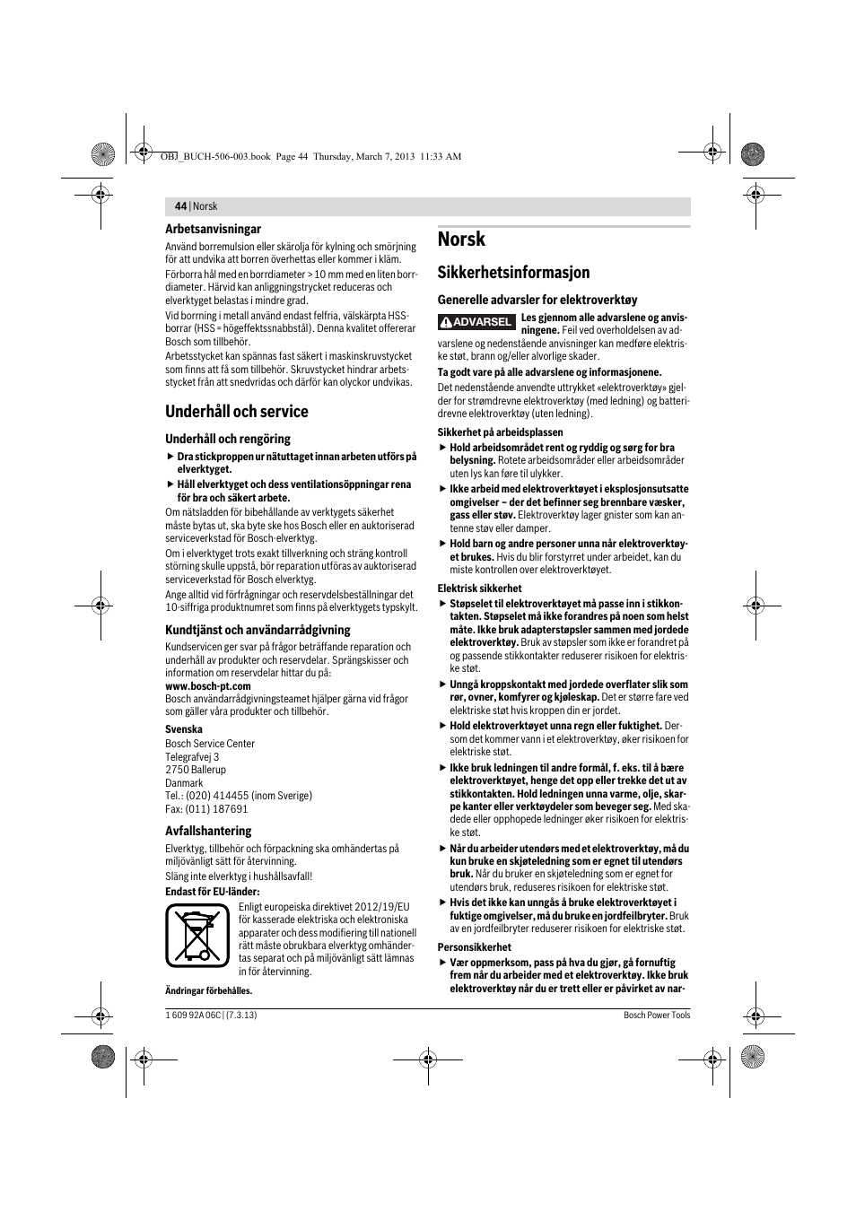 Norsk, Underhåll och service, Sikkerhetsinformasjon | Bosch GBM 32-4 Professional User Manual | Page 44 / 138
