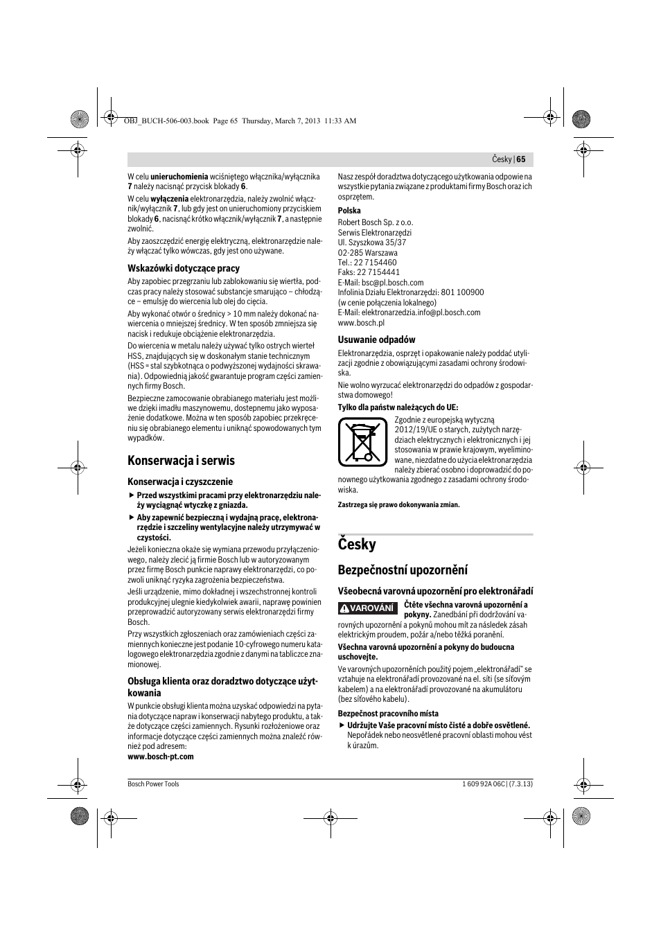 Česky, Konserwacja i serwis, Bezpečnostní upozornění | Bosch GBM 32-4 Professional User Manual | Page 65 / 138
