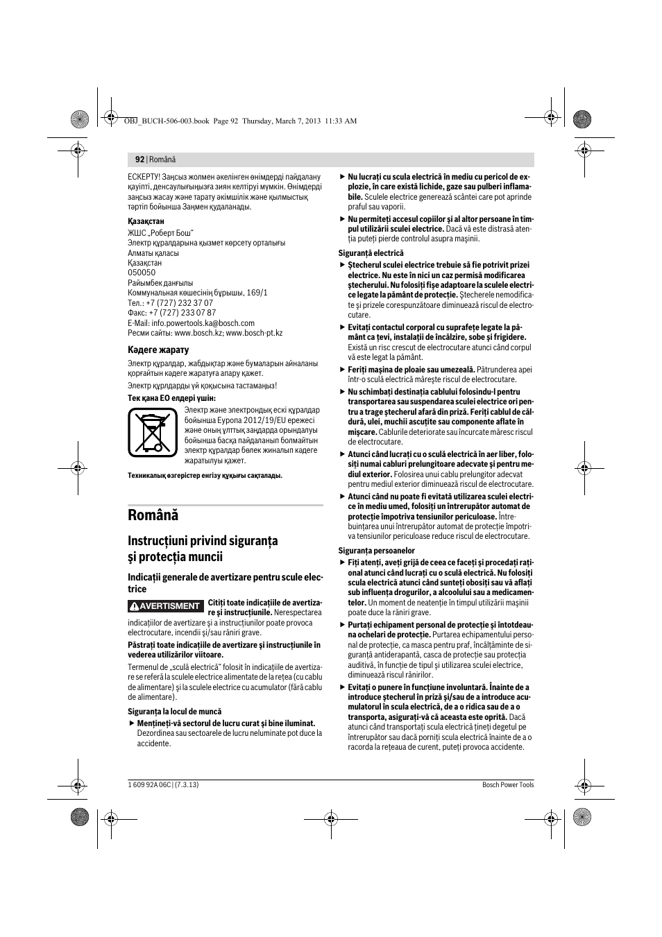 Română, Instrucţiuni privind siguranţa şi protecţia muncii | Bosch GBM 32-4 Professional User Manual | Page 92 / 138