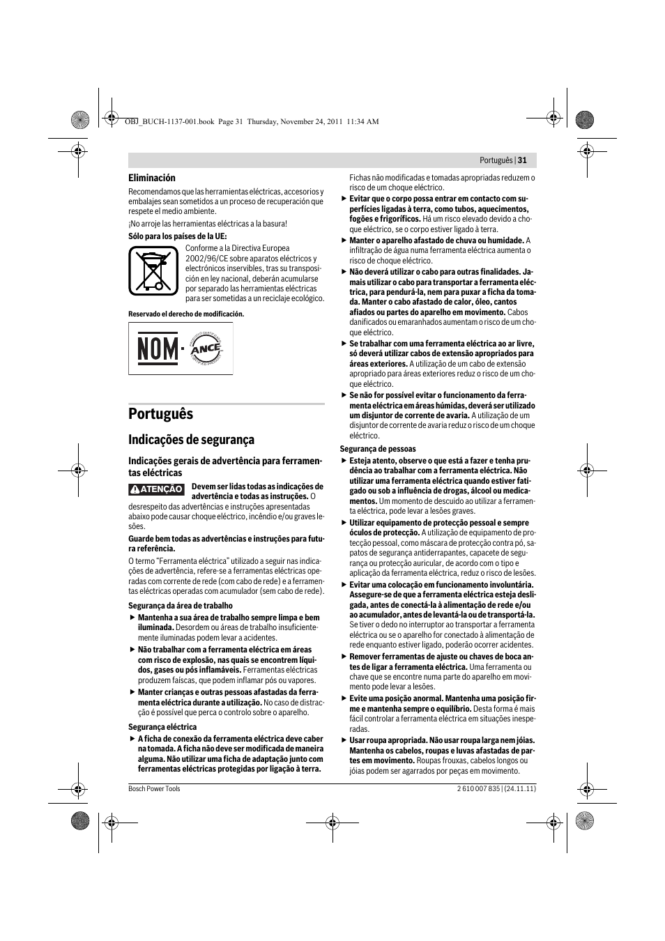 Português, Indicações de segurança | Bosch GKF 600 Professional User Manual | Page 31 / 178