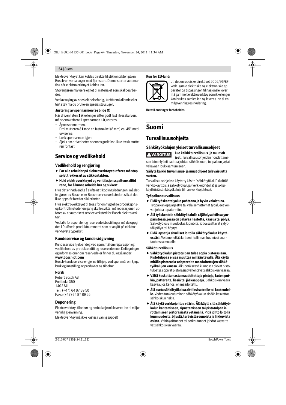 Suomi, Service og vedlikehold, Turvallisuusohjeita | Bosch GKF 600 Professional User Manual | Page 64 / 178