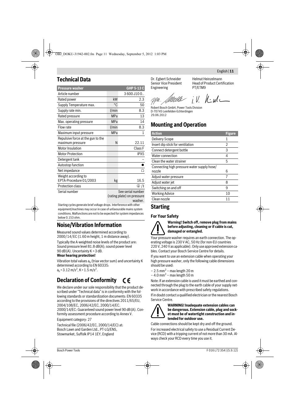Technical data noise/vibration information, Declaration of conformity, Mounting and operation starting | Bosch GHP 5-13 C User Manual | Page 11 / 178