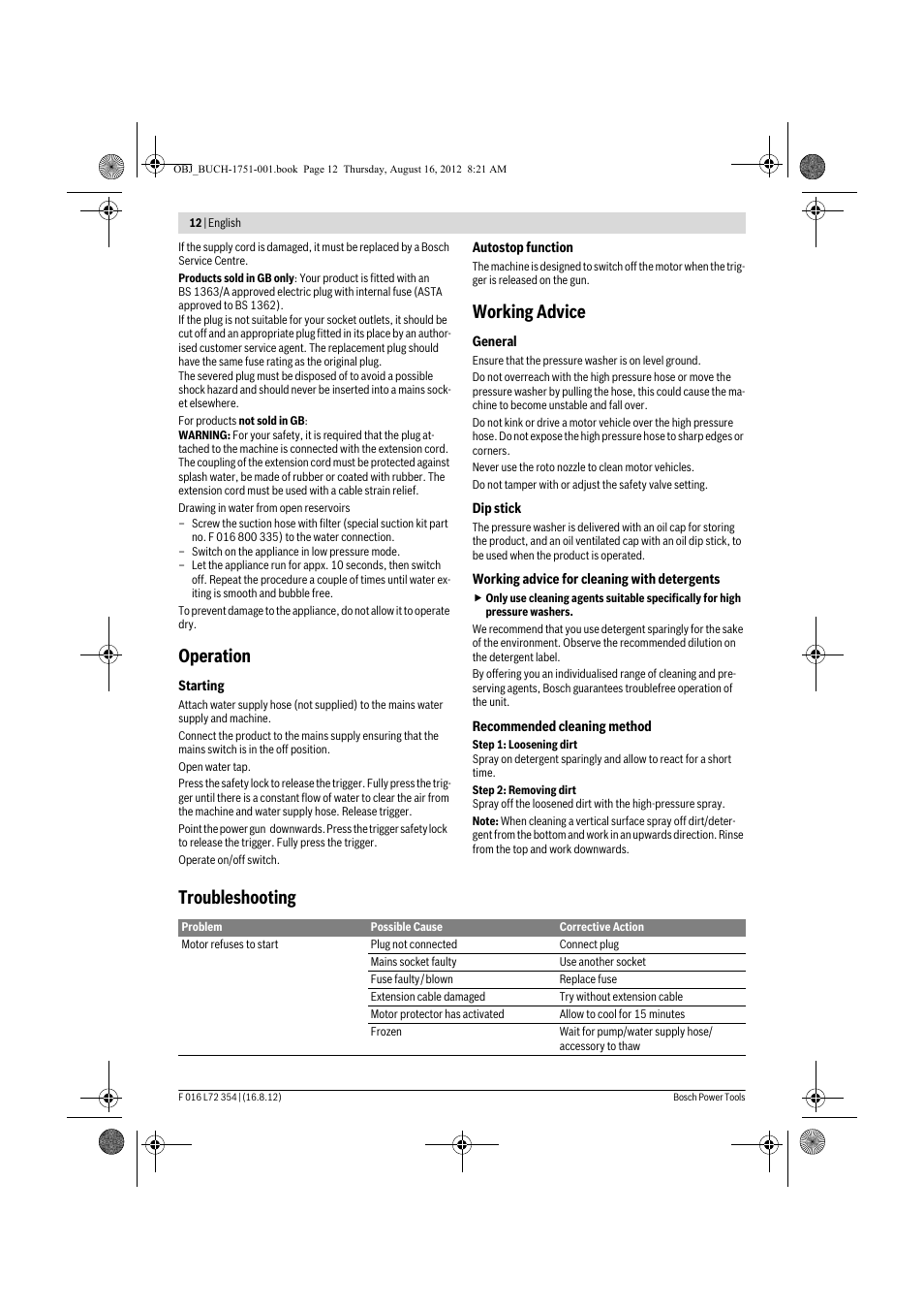 Operation, Working advice, Troubleshooting | Bosch GHP 5-13 C User Manual | Page 12 / 178