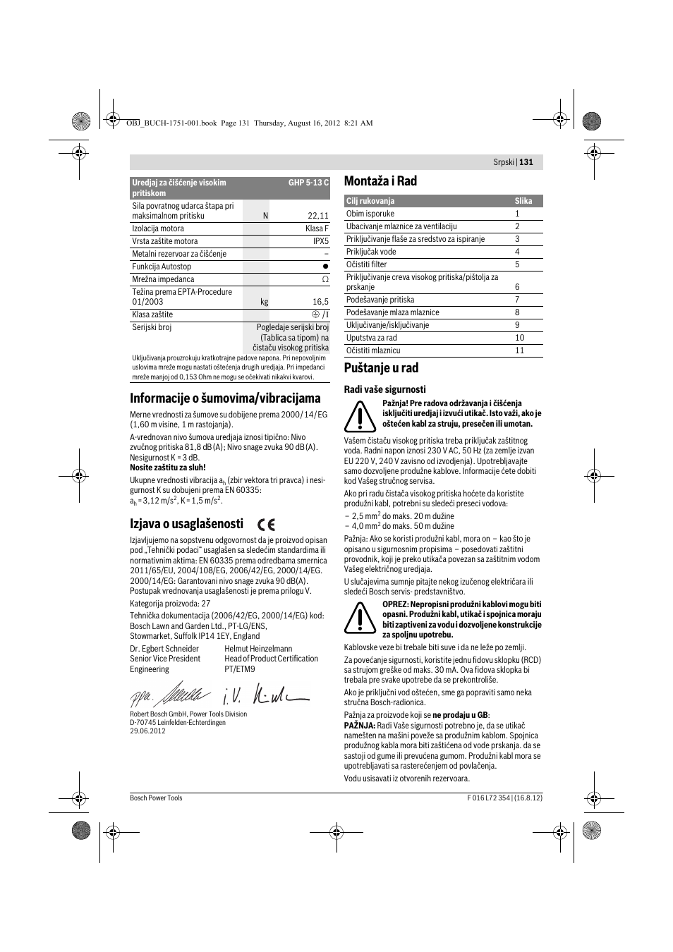 Informacije o šumovima/vibracijama, Izjava o usaglašenosti, Montaža i rad puštanje u rad | Bosch GHP 5-13 C User Manual | Page 131 / 178