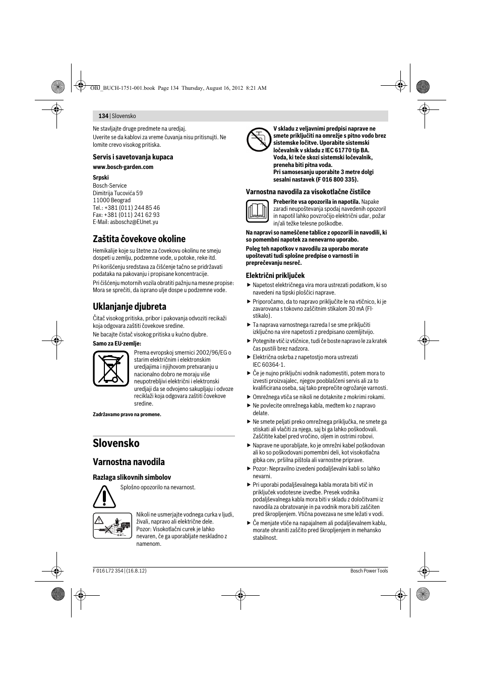Slovensko, Zaštita čovekove okoline, Uklanjanje djubreta | Varnostna navodila | Bosch GHP 5-13 C User Manual | Page 134 / 178