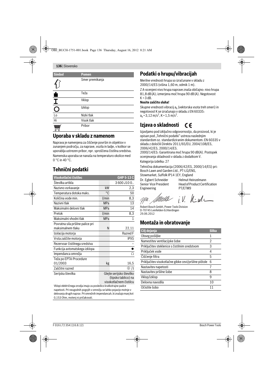 Uporaba v skladu z namenom, Tehnični podatki podatki o hrupu/vibracijah, Izjava o skladnosti | Montaža in obratovanje | Bosch GHP 5-13 C User Manual | Page 136 / 178