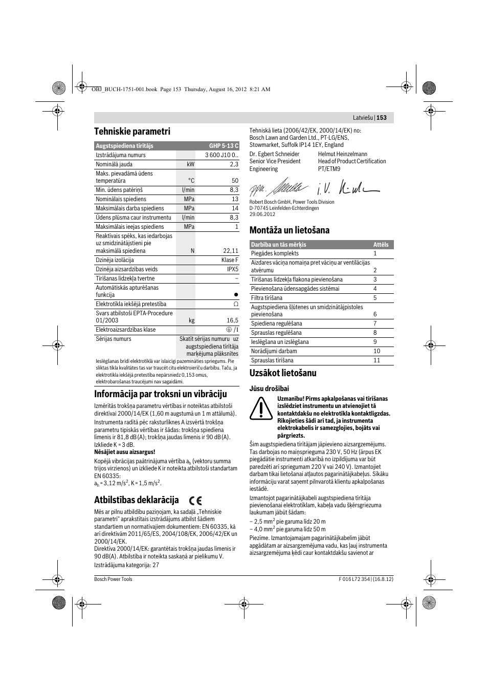 Atbilstības deklarācija, Montāža un lietošana uzsākot lietošanu | Bosch GHP 5-13 C User Manual | Page 153 / 178