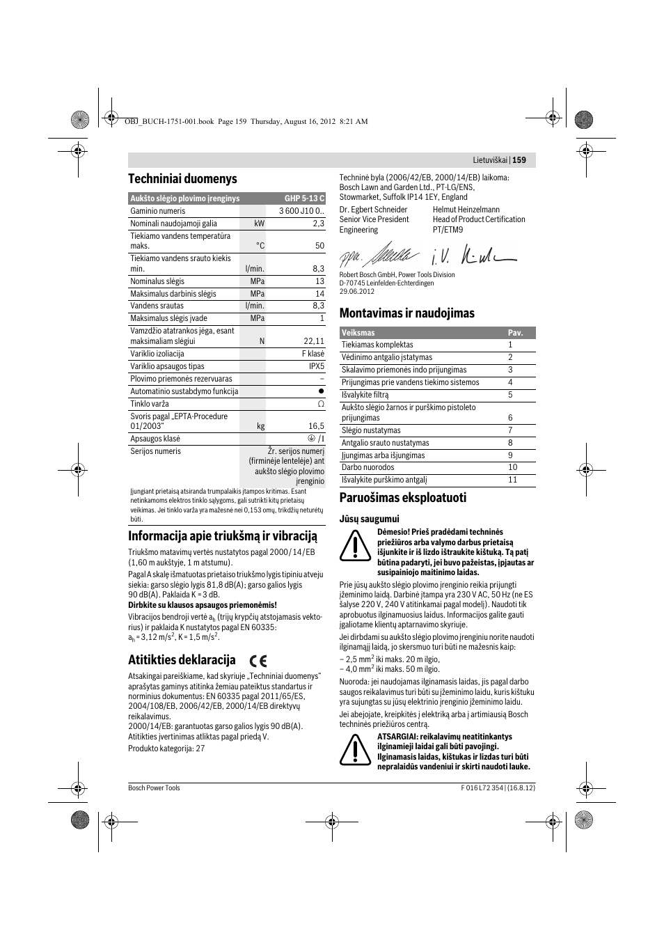 Atitikties deklaracija, Montavimas ir naudojimas paruošimas eksploatuoti | Bosch GHP 5-13 C User Manual | Page 159 / 178