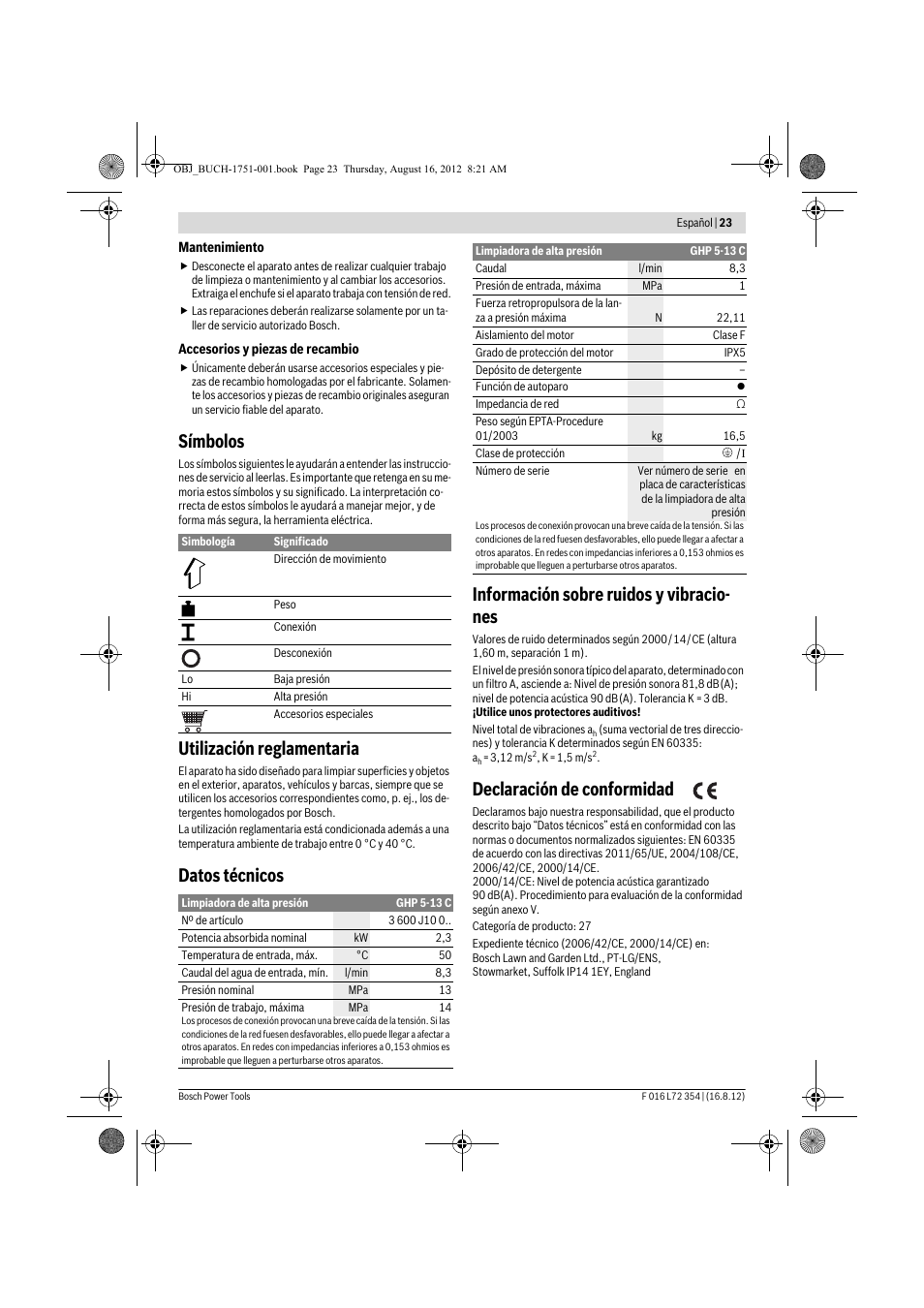 Símbolos, Utilización reglamentaria, Declaración de conformidad | Bosch GHP 5-13 C User Manual | Page 23 / 178