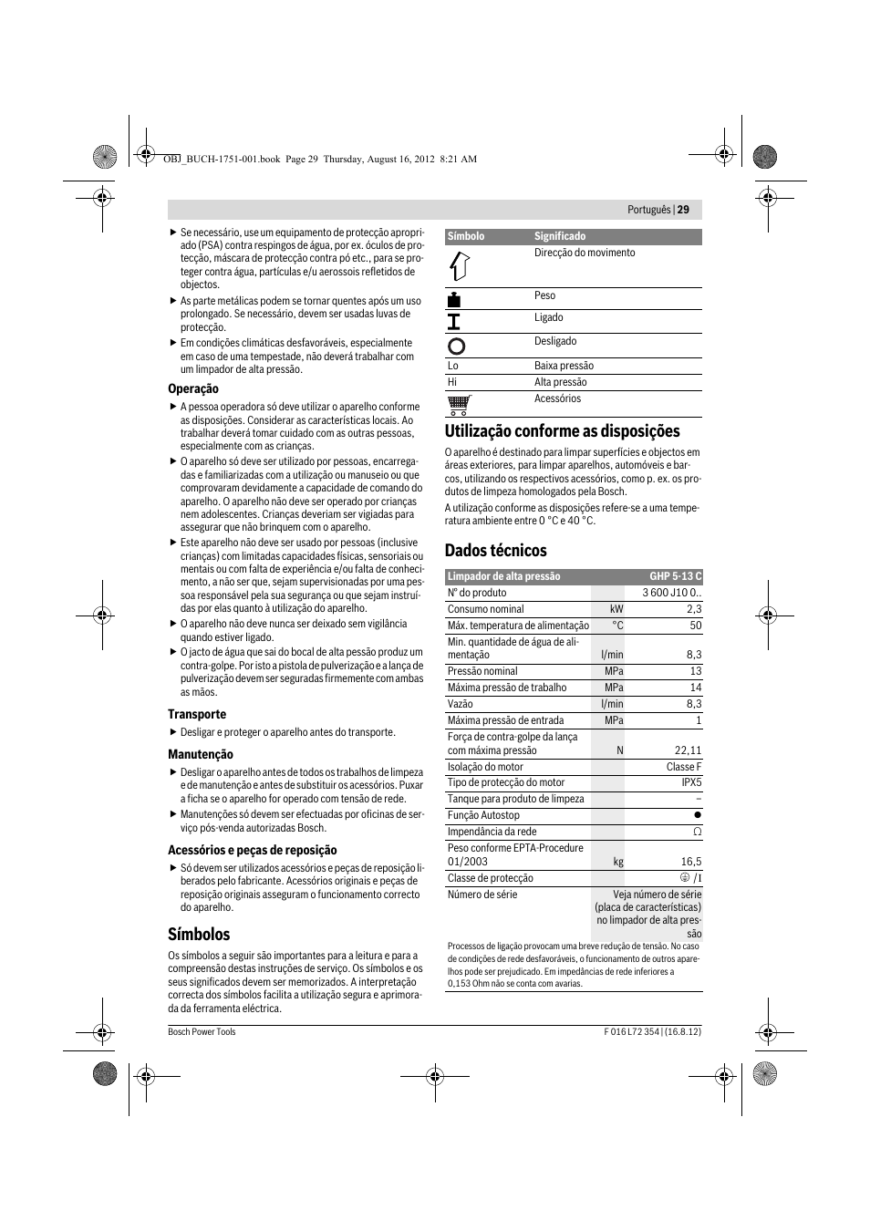 Símbolos, Utilização conforme as disposições, Dados técnicos | Bosch GHP 5-13 C User Manual | Page 29 / 178