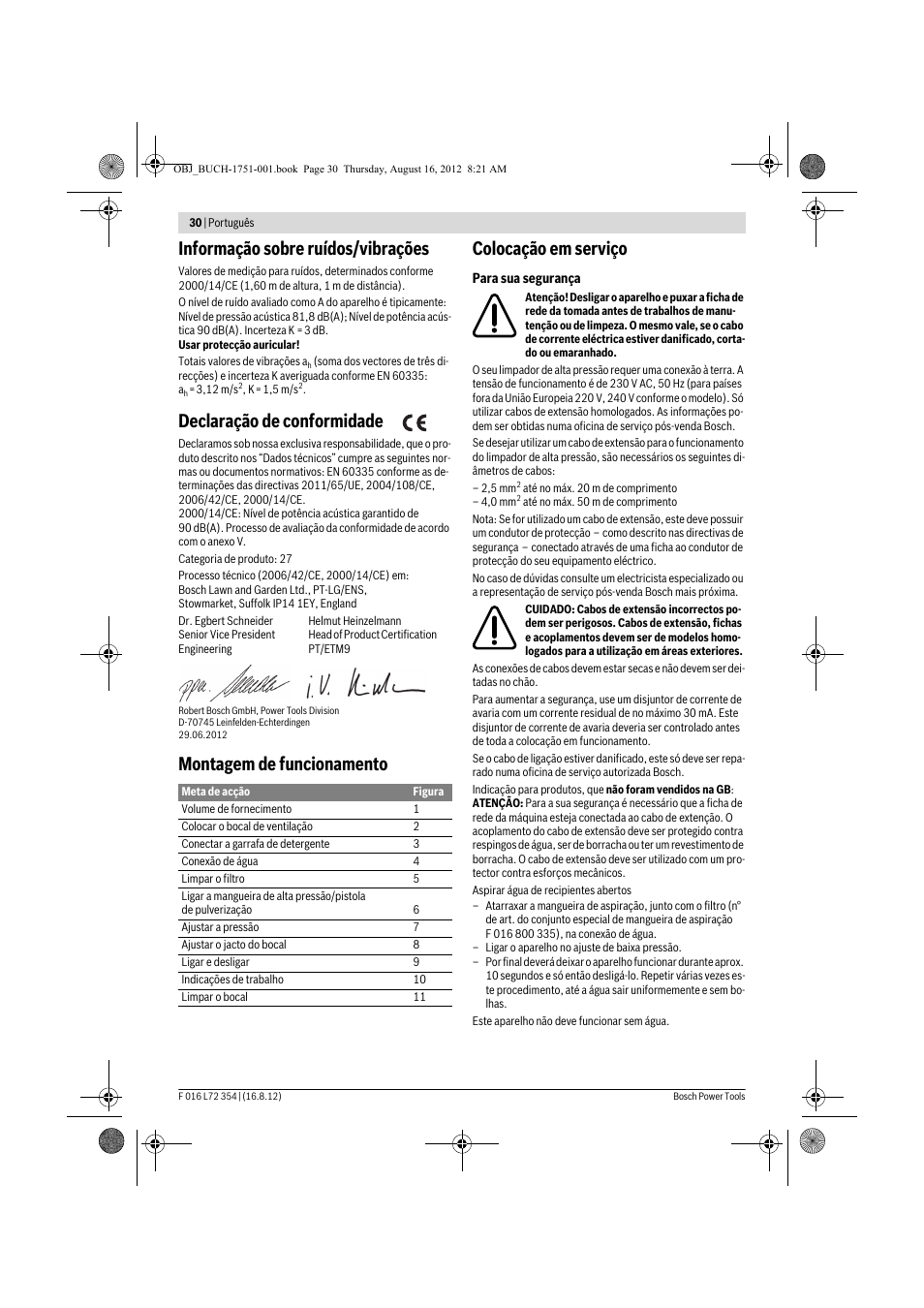 Informação sobre ruídos/vibrações, Declaração de conformidade, Montagem de funcionamento colocação em serviço | Bosch GHP 5-13 C User Manual | Page 30 / 178