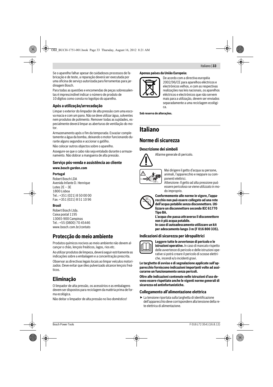 Italiano, Protecção do meio ambiente, Eliminação | Norme di sicurezza | Bosch GHP 5-13 C User Manual | Page 33 / 178
