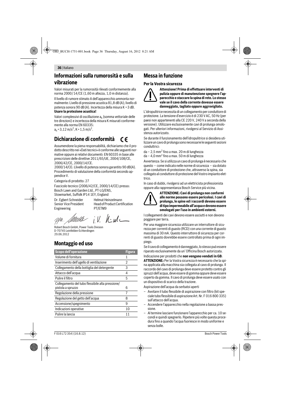Informazioni sulla rumorosità e sulla vibrazione, Dichiarazione di conformità, Montaggio ed uso messa in funzione | Bosch GHP 5-13 C User Manual | Page 36 / 178