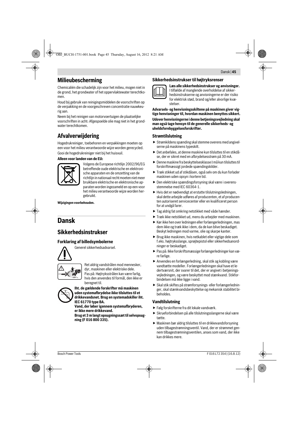 Dansk, Milieubescherming, Afvalverwijdering | Sikkerhedsinstrukser | Bosch GHP 5-13 C User Manual | Page 45 / 178