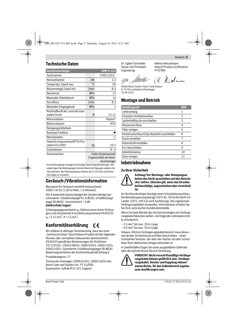 Technische daten geräusch-/vibrationsinformation, Konformitätserklärung, Montage und betrieb inbetriebnahme | Bosch GHP 5-13 C User Manual | Page 5 / 178