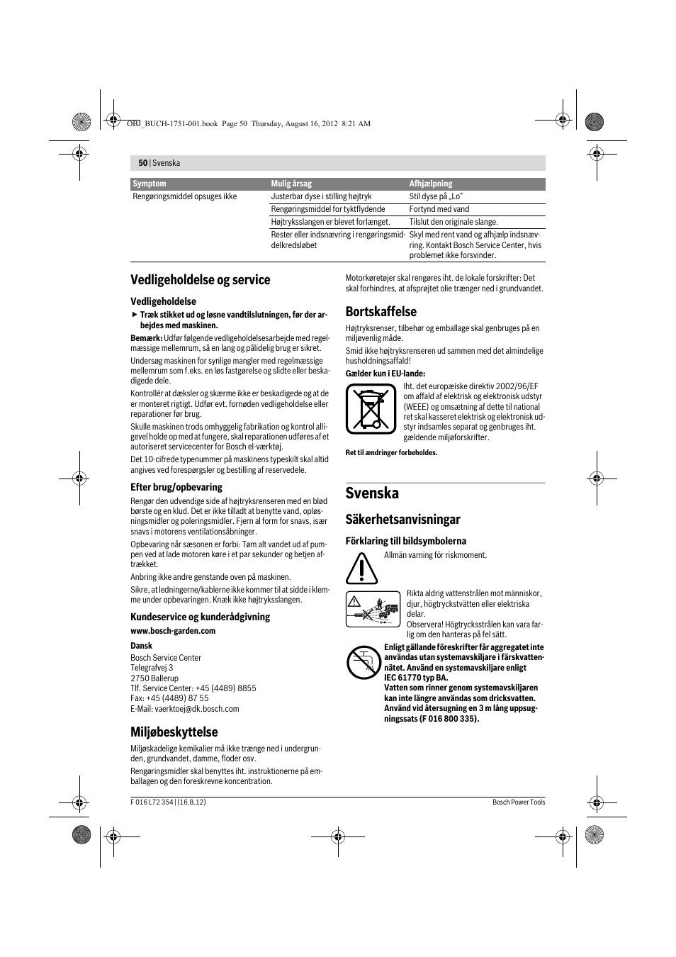 Svenska, Vedligeholdelse og service, Miljøbeskyttelse | Bortskaffelse, Säkerhetsanvisningar | Bosch GHP 5-13 C User Manual | Page 50 / 178