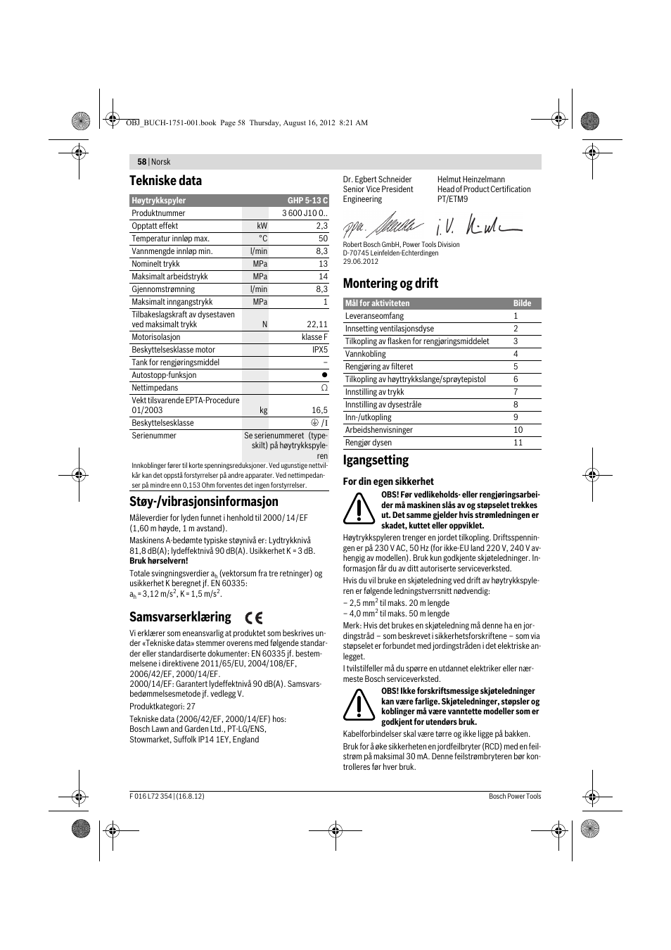 Tekniske data støy-/vibrasjonsinformasjon, Samsvarserklæring, Montering og drift igangsetting | Bosch GHP 5-13 C User Manual | Page 58 / 178