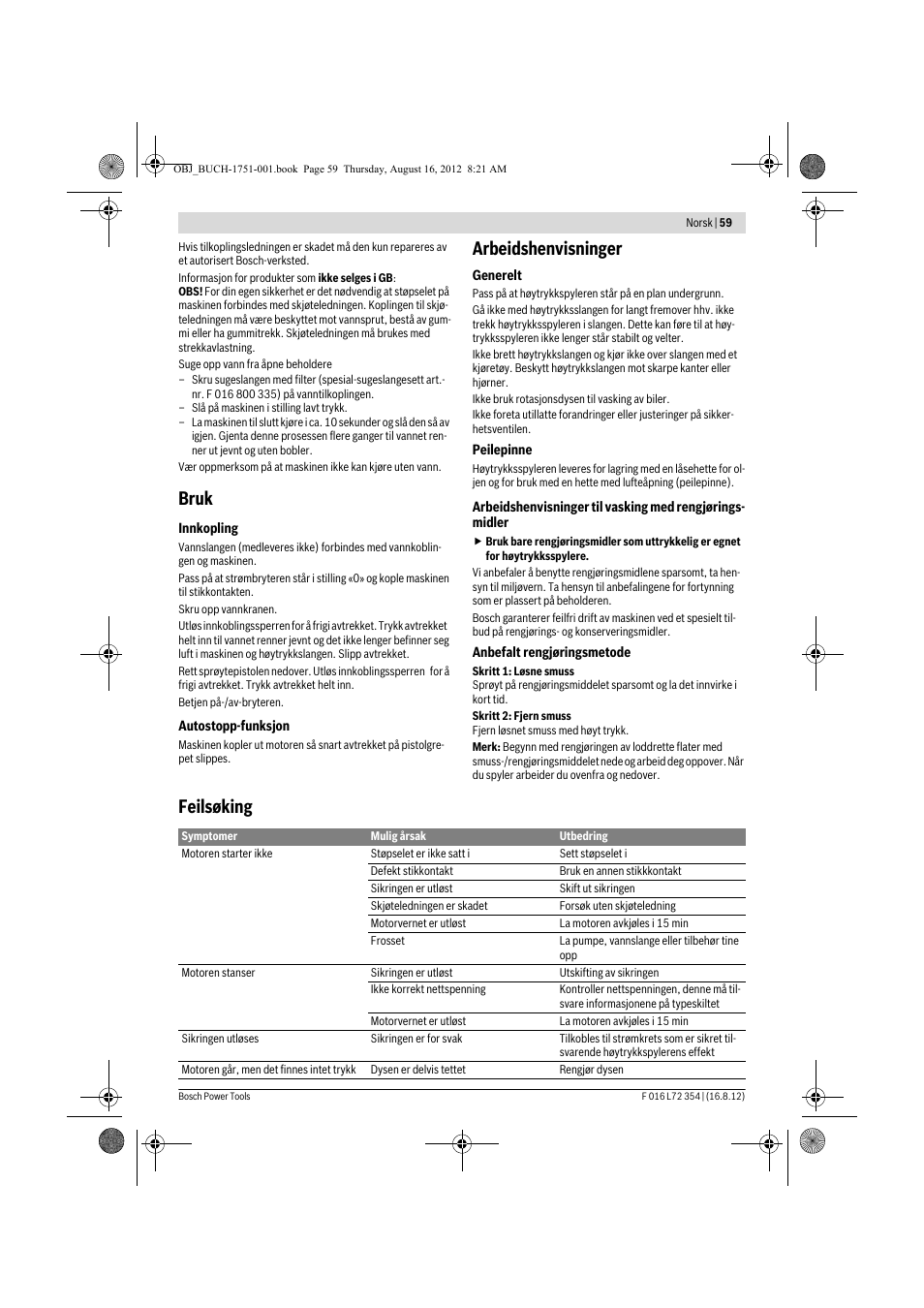 Bruk, Arbeidshenvisninger, Feilsøking | Bosch GHP 5-13 C User Manual | Page 59 / 178