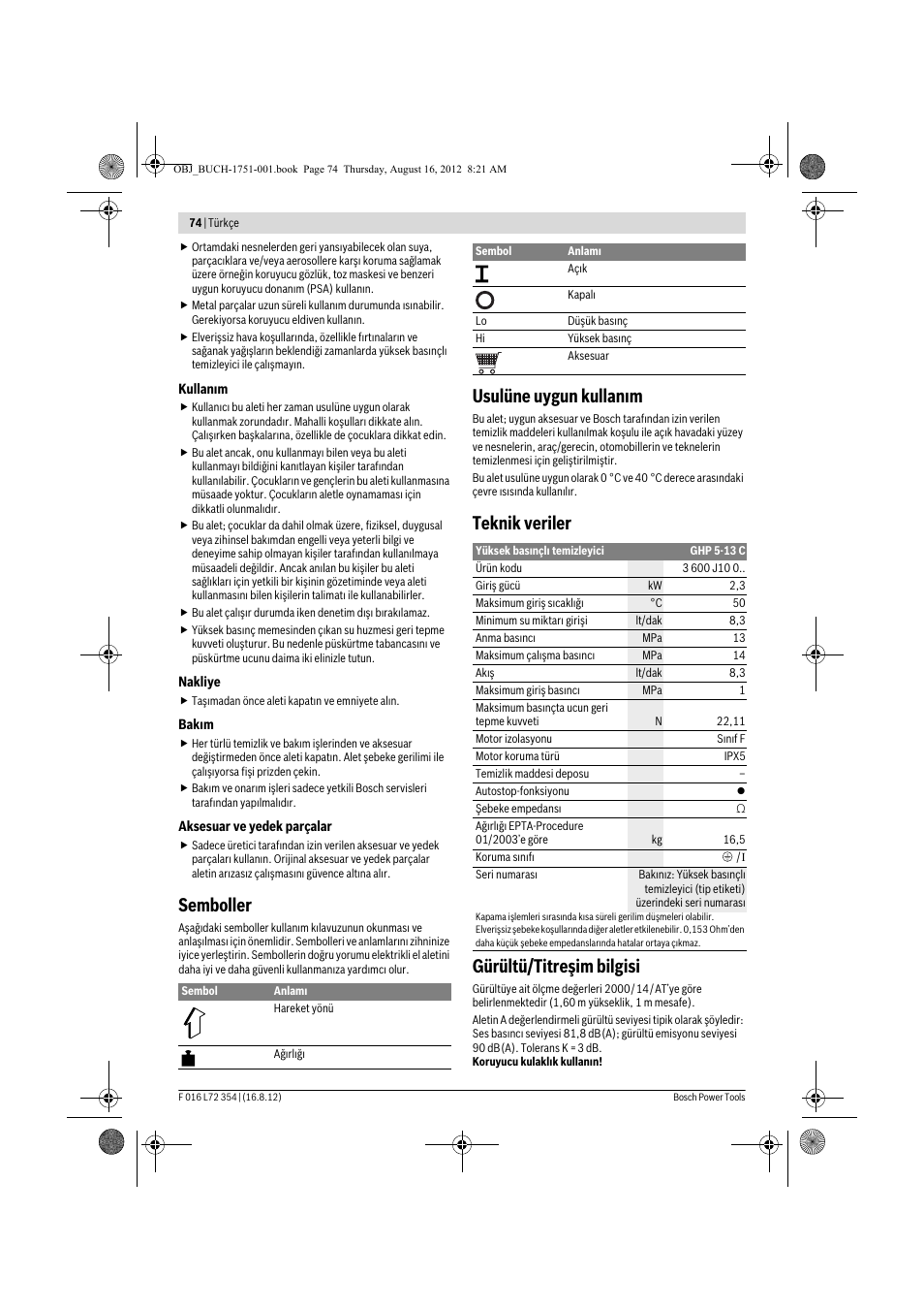 Semboller, Usulüne uygun kullan m, Teknik veriler gürültü/titreşim bilgisi | Bosch GHP 5-13 C User Manual | Page 74 / 178