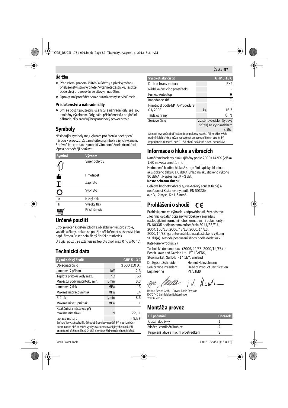 Symboly, Určené použití, Technická data informace o hluku a vibracích | Prohlášení o shodě, Montáž a provoz | Bosch GHP 5-13 C User Manual | Page 87 / 178