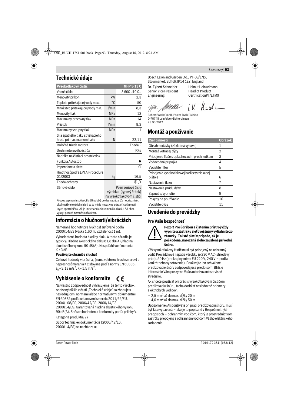 Technické údaje informácia o hlučnosti/vibráciách, Vyhlásenie o konformite, Montáž a používanie uvedenie do prevádzky | Bosch GHP 5-13 C User Manual | Page 93 / 178