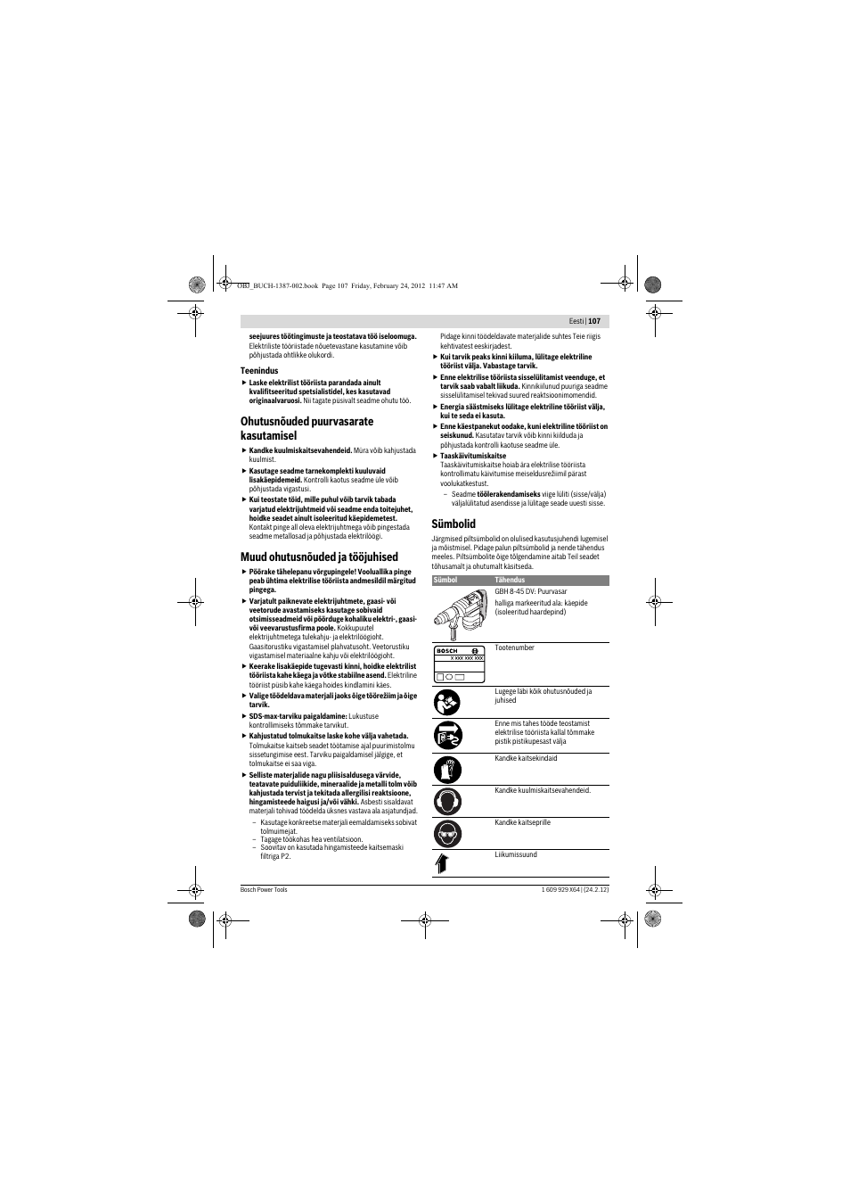 Ohutusnõuded puurvasarate kasutamisel, Muud ohutusnõuded ja tööjuhised, Sümbolid | Bosch GBH 8-45 DV Professional User Manual | Page 107 / 132
