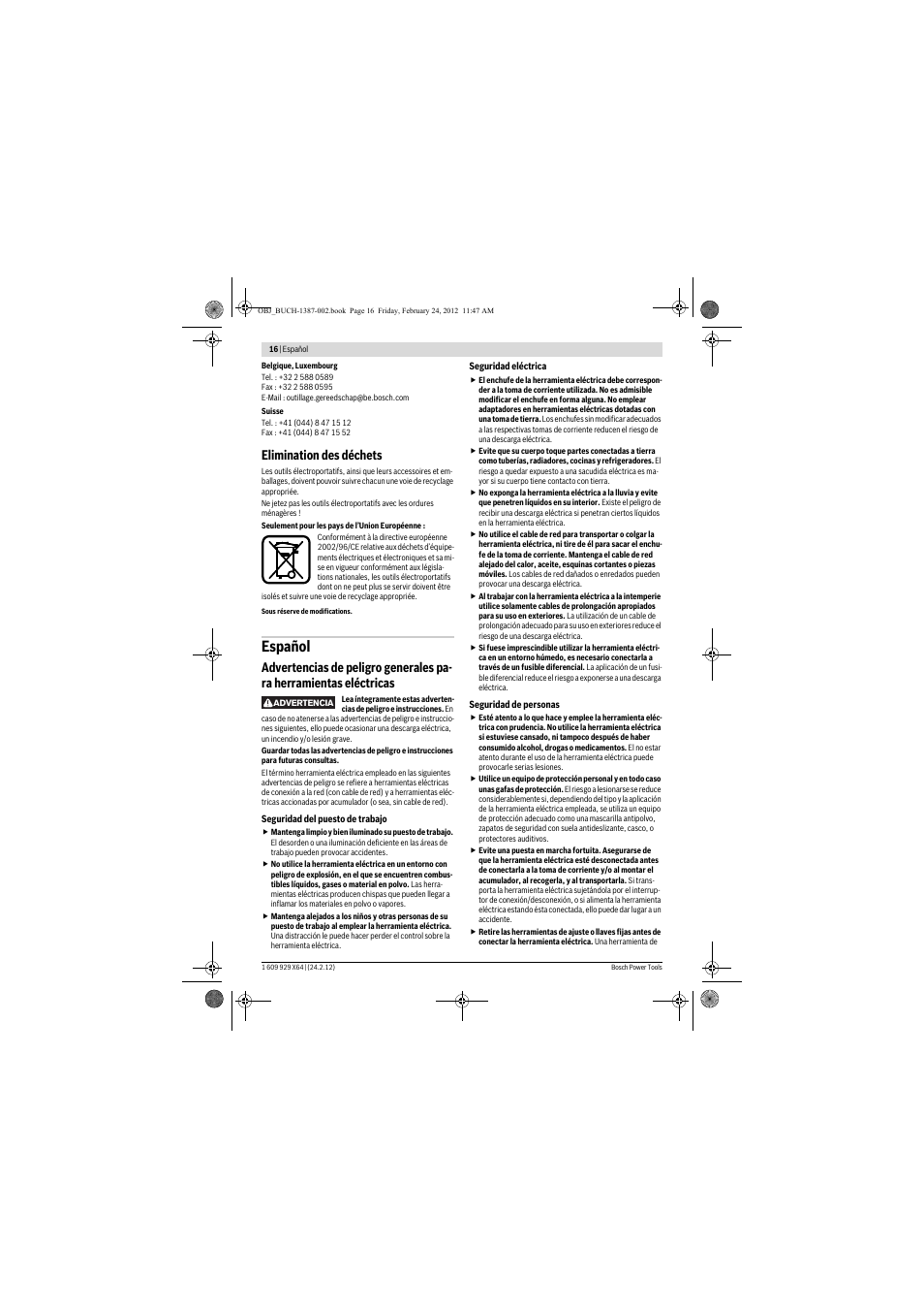 Español, Elimination des déchets | Bosch GBH 8-45 DV Professional User Manual | Page 16 / 132