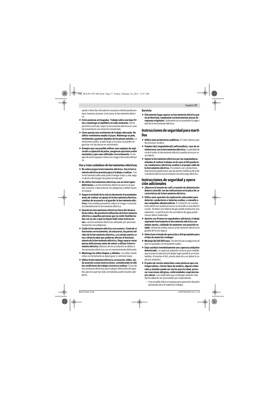 Instrucciones de seguridad para marti- llos | Bosch GBH 8-45 DV Professional User Manual | Page 17 / 132
