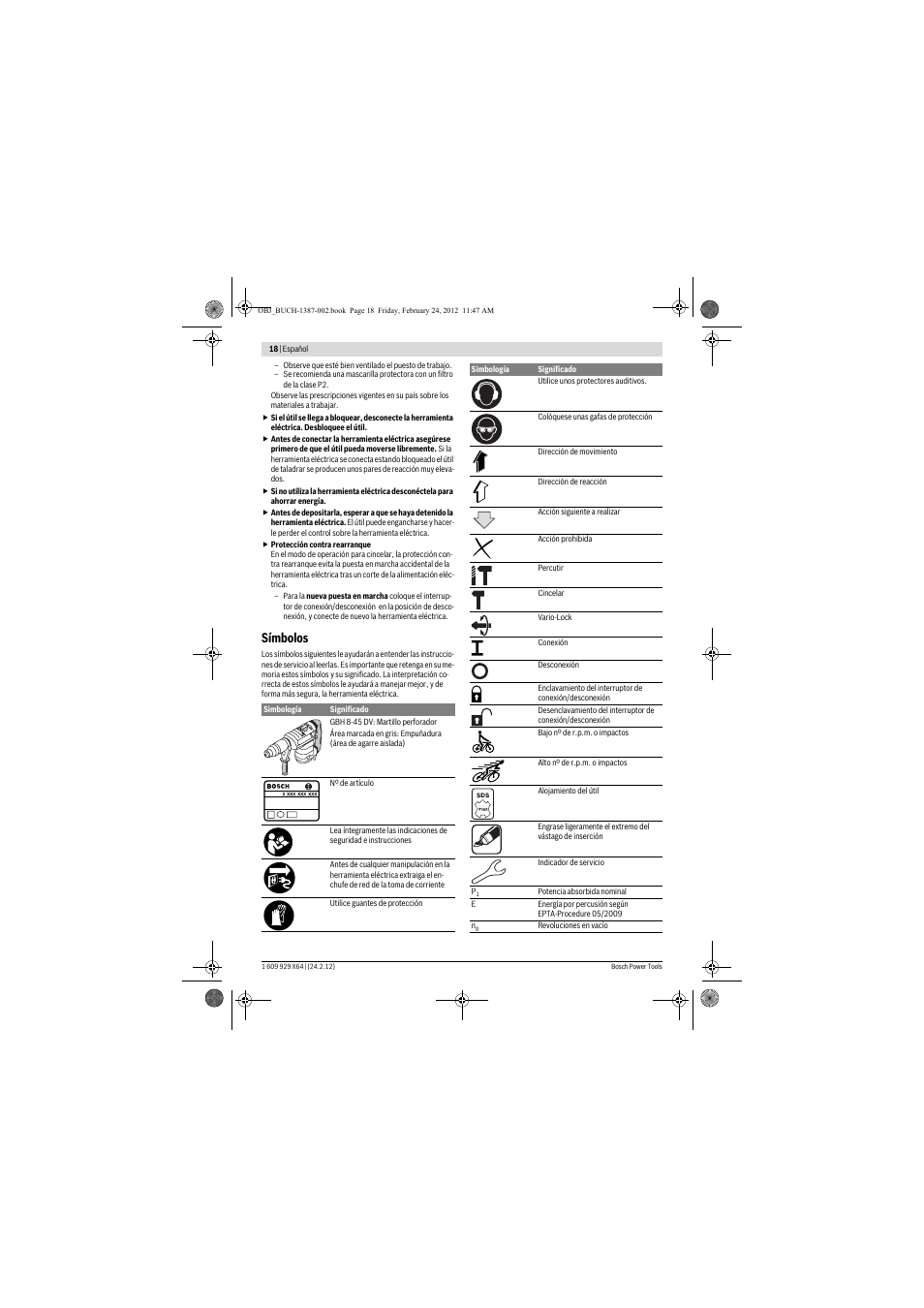 Símbolos | Bosch GBH 8-45 DV Professional User Manual | Page 18 / 132
