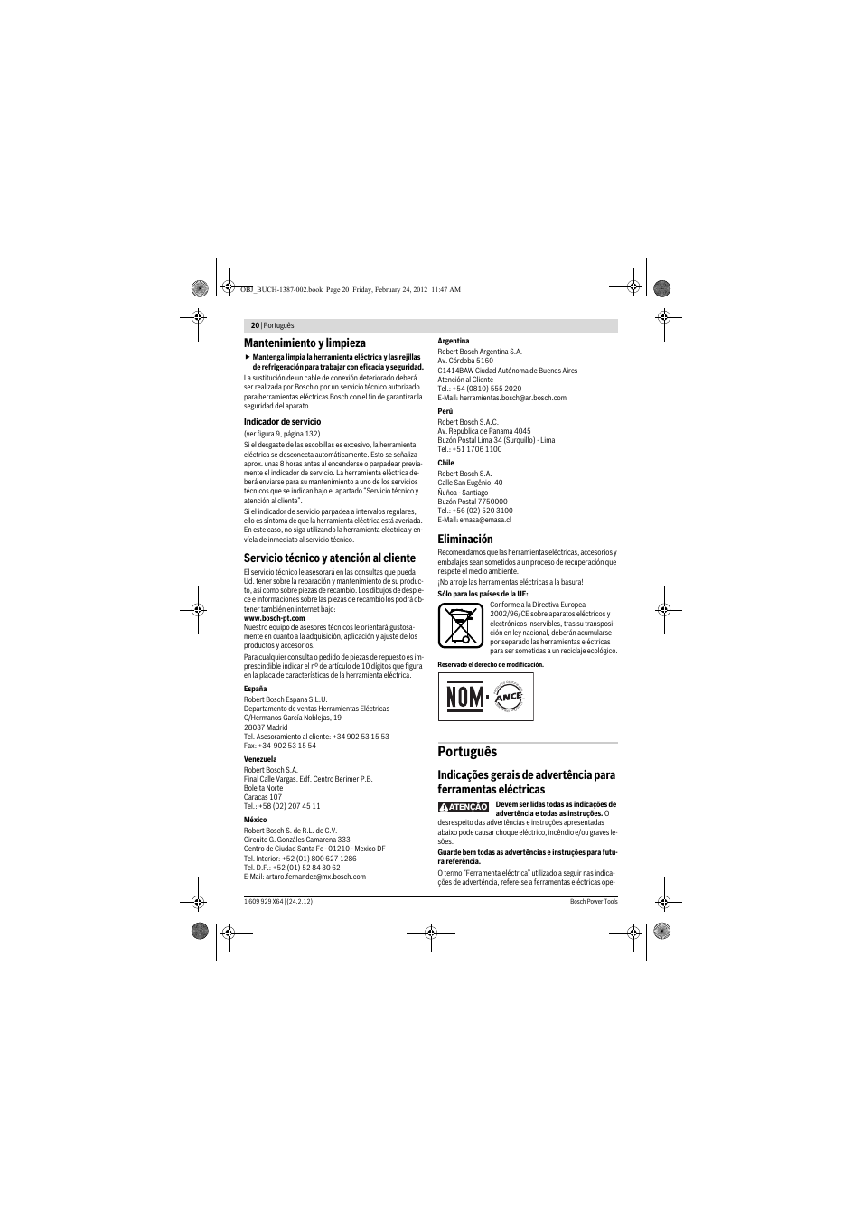 Português, Mantenimiento y limpieza, Servicio técnico y atención al cliente | Eliminación | Bosch GBH 8-45 DV Professional User Manual | Page 20 / 132