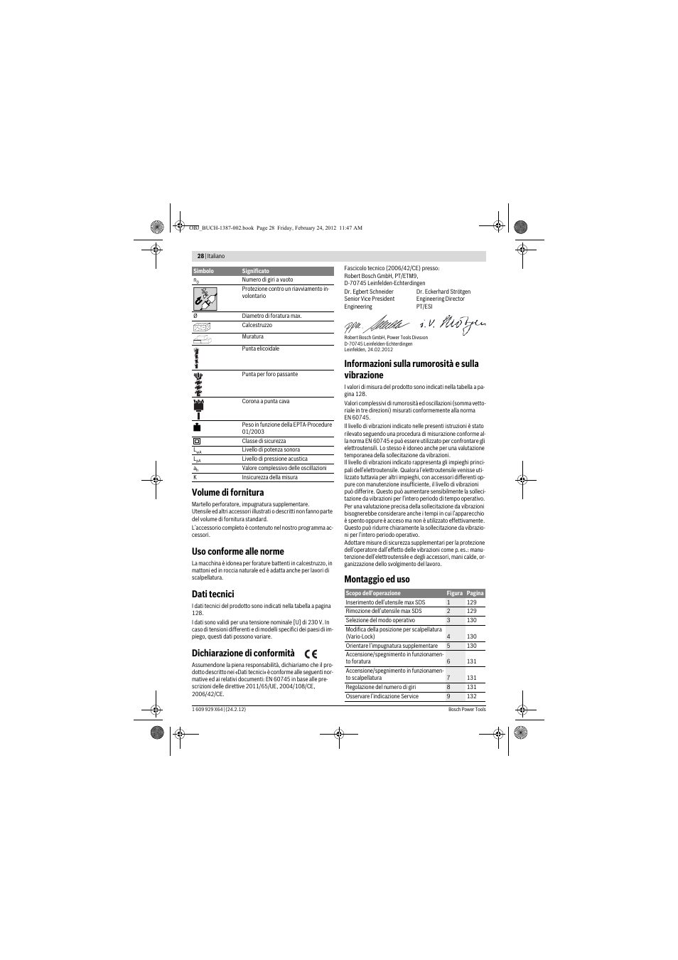 Volume di fornitura, Uso conforme alle norme, Dati tecnici | Dichiarazione di conformità, Informazioni sulla rumorosità e sulla vibrazione, Montaggio ed uso | Bosch GBH 8-45 DV Professional User Manual | Page 28 / 132