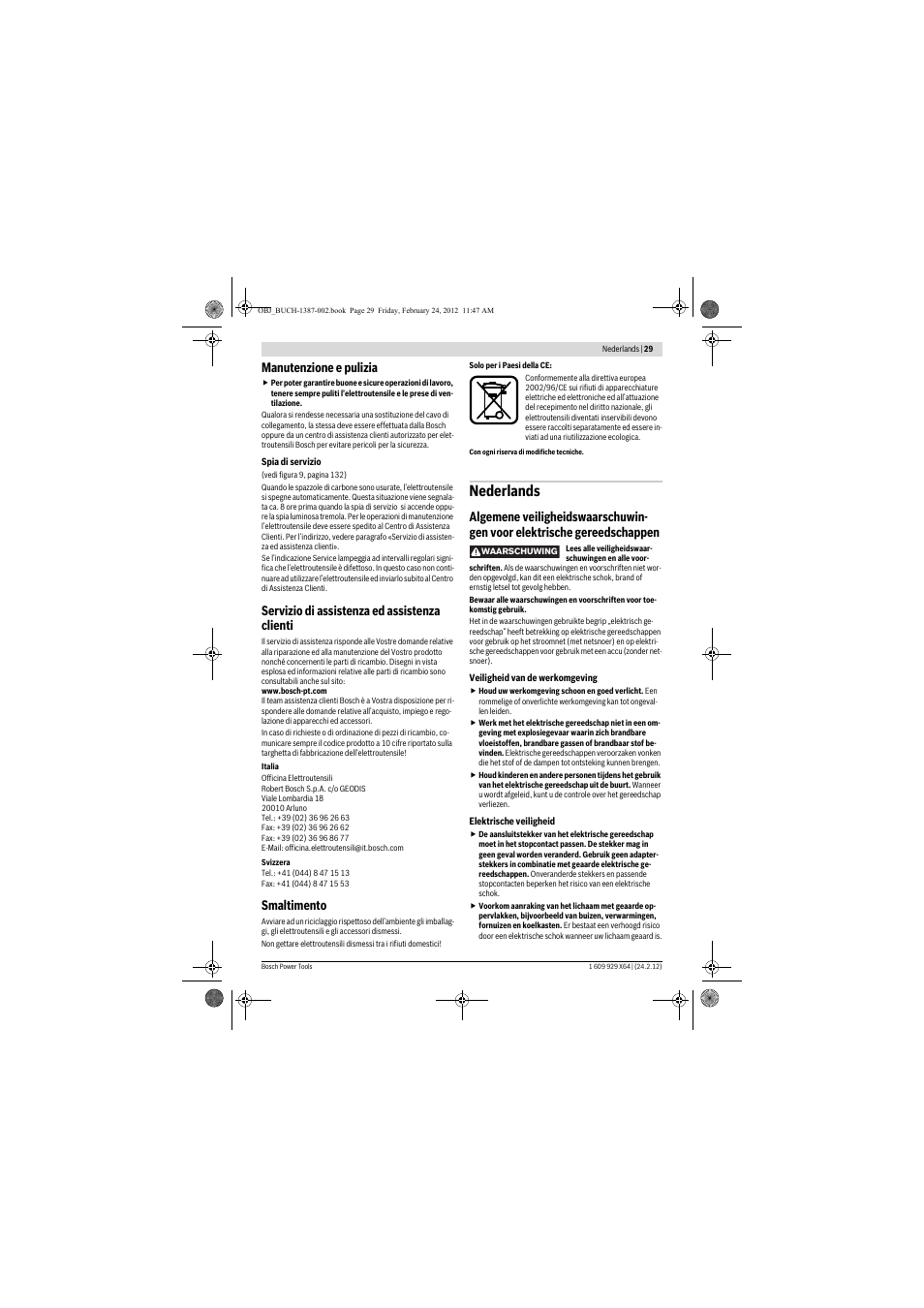 Nederlands, Manutenzione e pulizia, Servizio di assistenza ed assistenza clienti | Smaltimento | Bosch GBH 8-45 DV Professional User Manual | Page 29 / 132