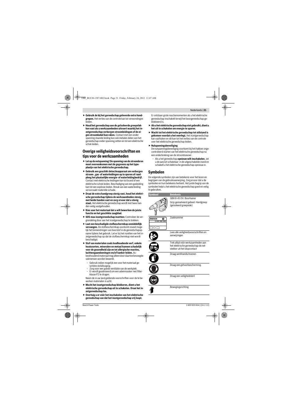 Symbolen | Bosch GBH 8-45 DV Professional User Manual | Page 31 / 132