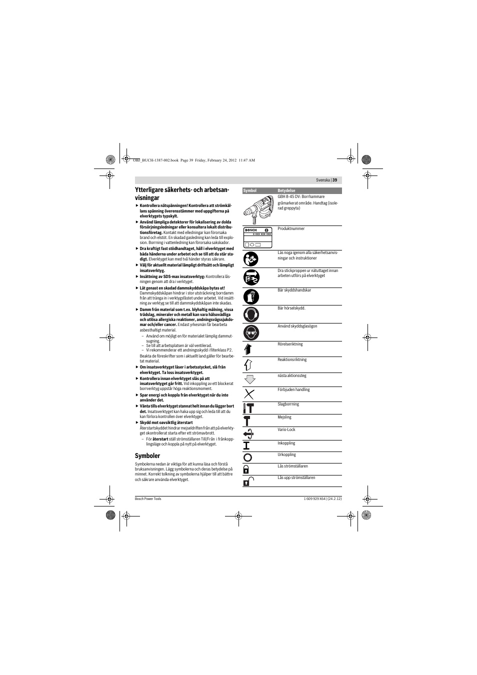 Ytterligare säkerhets- och arbetsan- visningar, Symboler | Bosch GBH 8-45 DV Professional User Manual | Page 39 / 132