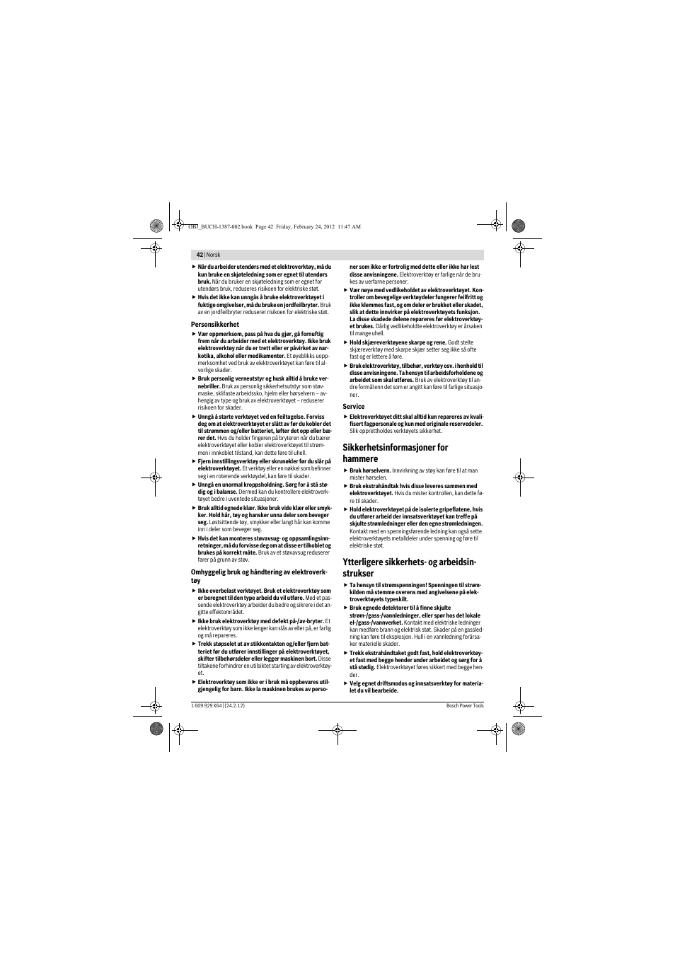 Sikkerhetsinformasjoner for hammere, Ytterligere sikkerhets- og arbeidsin- strukser | Bosch GBH 8-45 DV Professional User Manual | Page 42 / 132