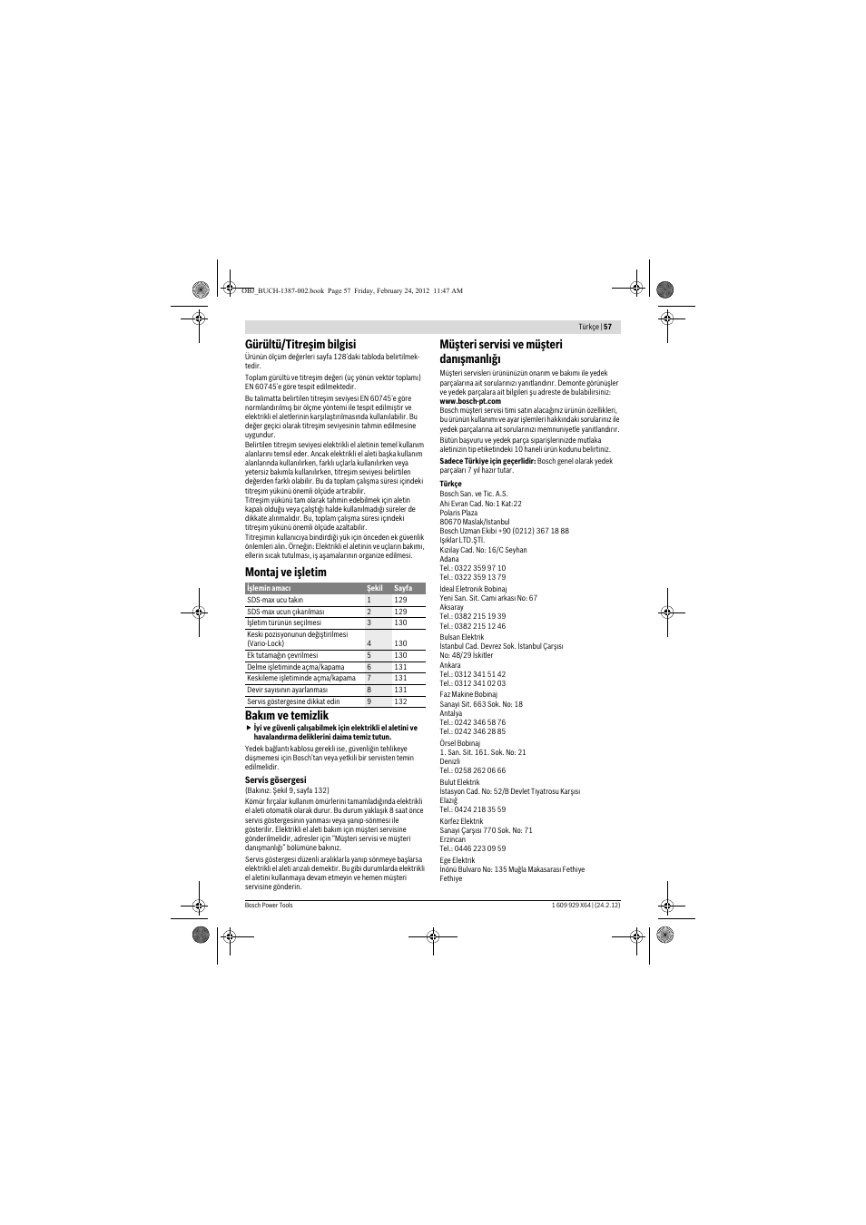 Gürültü/titreşim bilgisi, Montaj ve işletim bak m ve temizlik, Müşteri servisi ve müşteri dan şmanl ğ | Bosch GBH 8-45 DV Professional User Manual | Page 57 / 132