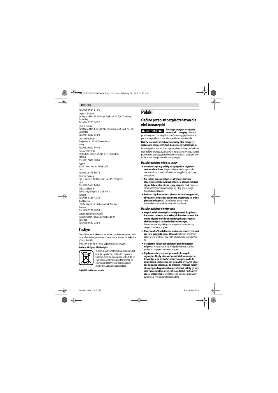 Polski, Tasfiye, Ogólne przepisy bezpieczeństwa dla elektronarzędzi | Bosch GBH 8-45 DV Professional User Manual | Page 58 / 132