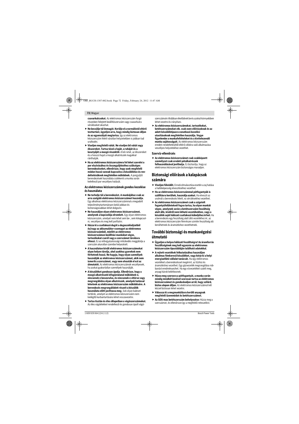 Biztonsági előírások a kalapácsok számára, További biztonsági és munkavégzési útmutató | Bosch GBH 8-45 DV Professional User Manual | Page 72 / 132