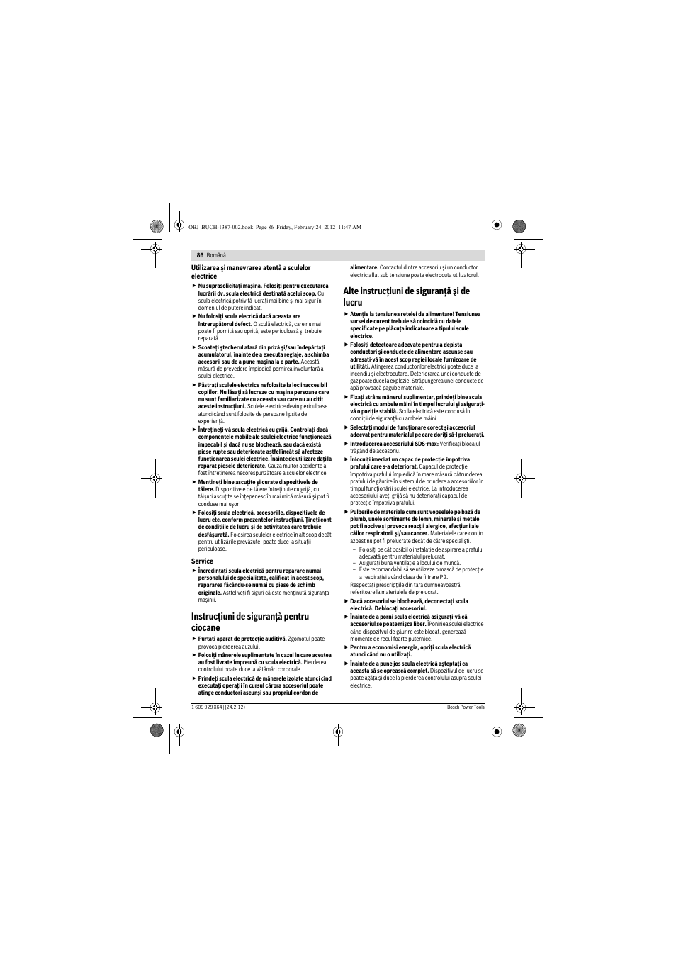 Instrucţiuni de siguranţă pentru ciocane, Alte instrucţiuni de siguranţă şi de lucru | Bosch GBH 8-45 DV Professional User Manual | Page 86 / 132