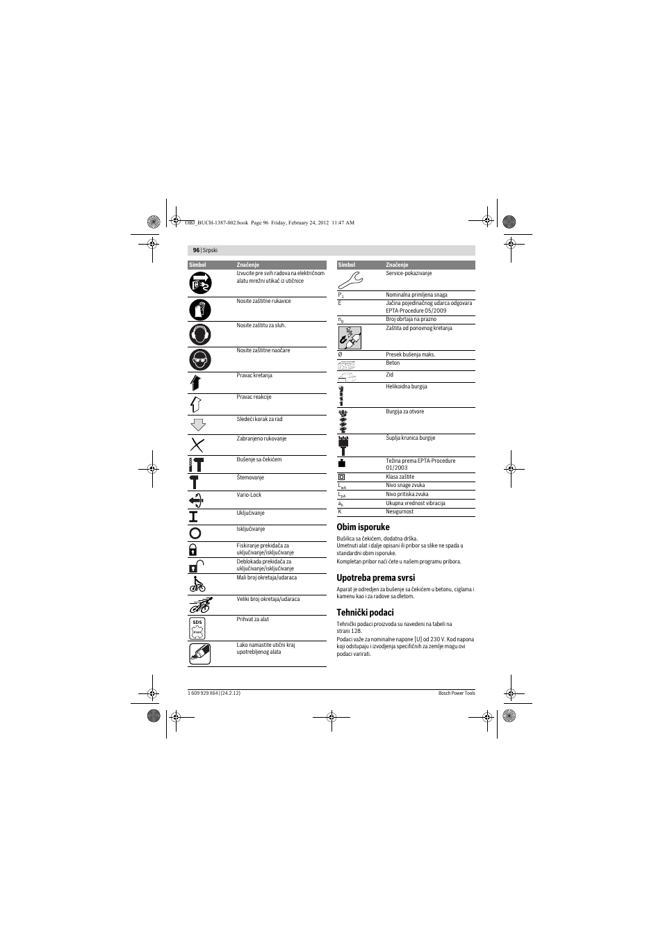 Obim isporuke, Upotreba prema svrsi, Tehnički podaci | Bosch GBH 8-45 DV Professional User Manual | Page 96 / 132