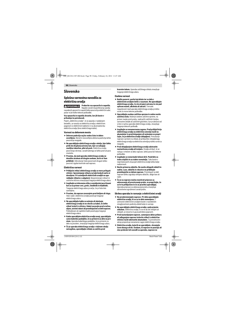 Slovensko, Splošna varnostna navodila za električna orodja | Bosch GBH 8-45 DV Professional User Manual | Page 98 / 132