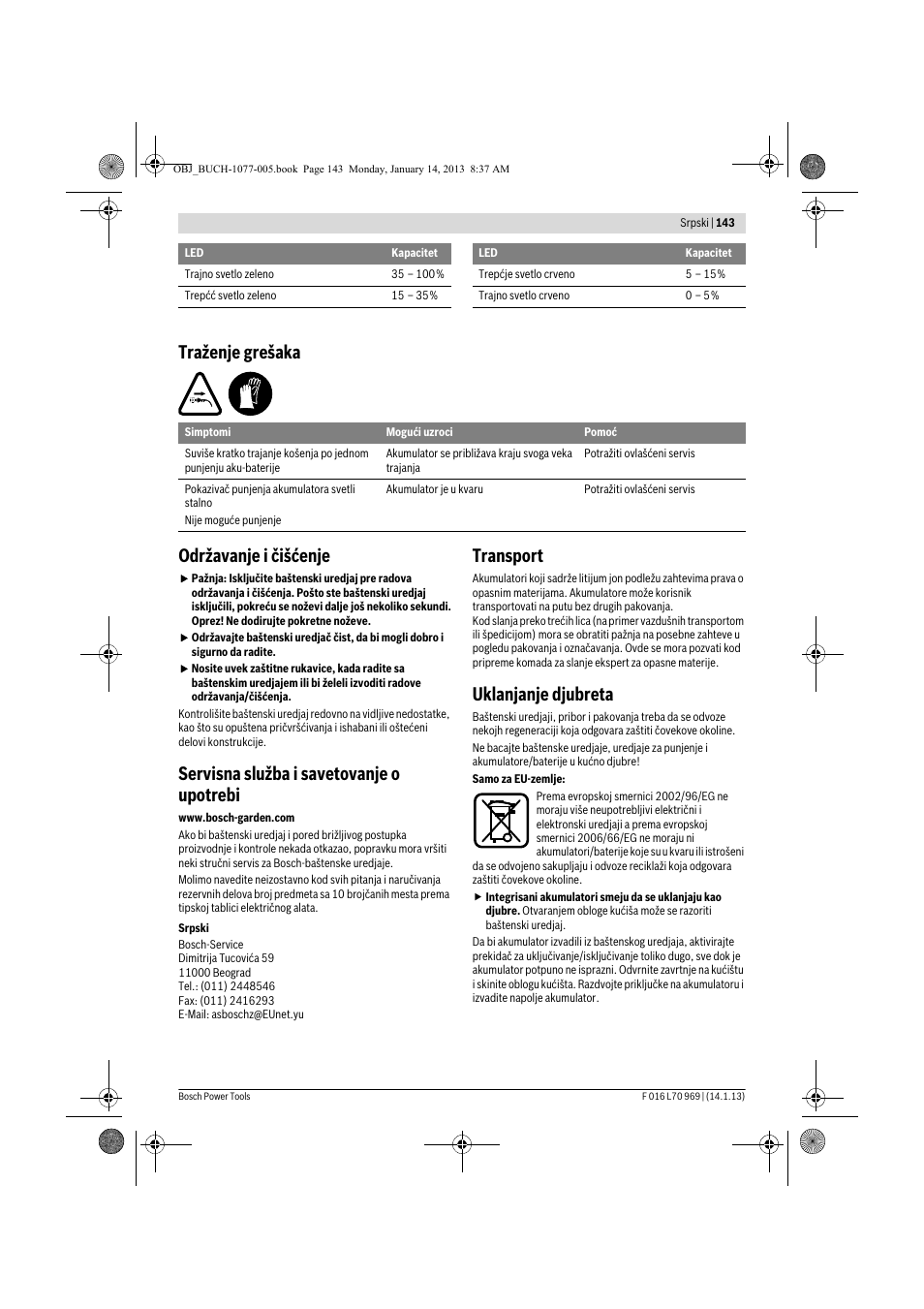 Traženje grešaka održavanje i čišćenje, Servisna služba i savetovanje o upotrebi, Transport | Uklanjanje djubreta | Bosch AGS 7,2 LI User Manual | Page 143 / 177