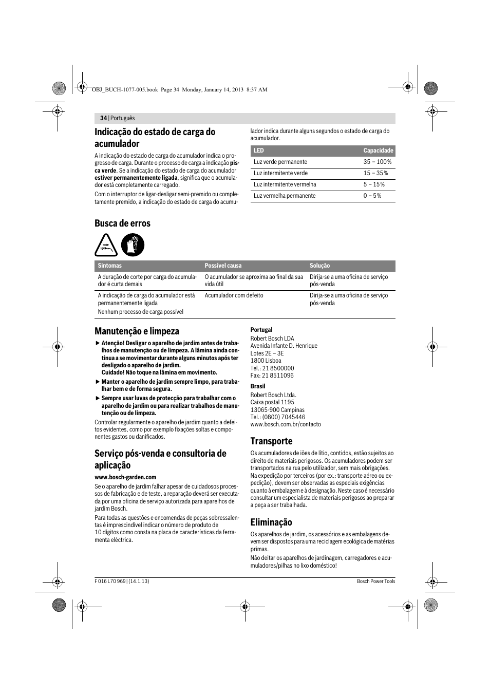 Indicação do estado de carga do acumulador, Busca de erros manutenção e limpeza, Serviço pós-venda e consultoria de aplicação | Transporte, Eliminação | Bosch AGS 7,2 LI User Manual | Page 34 / 177