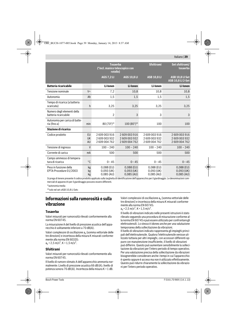 Informazioni sulla rumorosità e sulla vibrazione | Bosch AGS 7,2 LI User Manual | Page 39 / 177