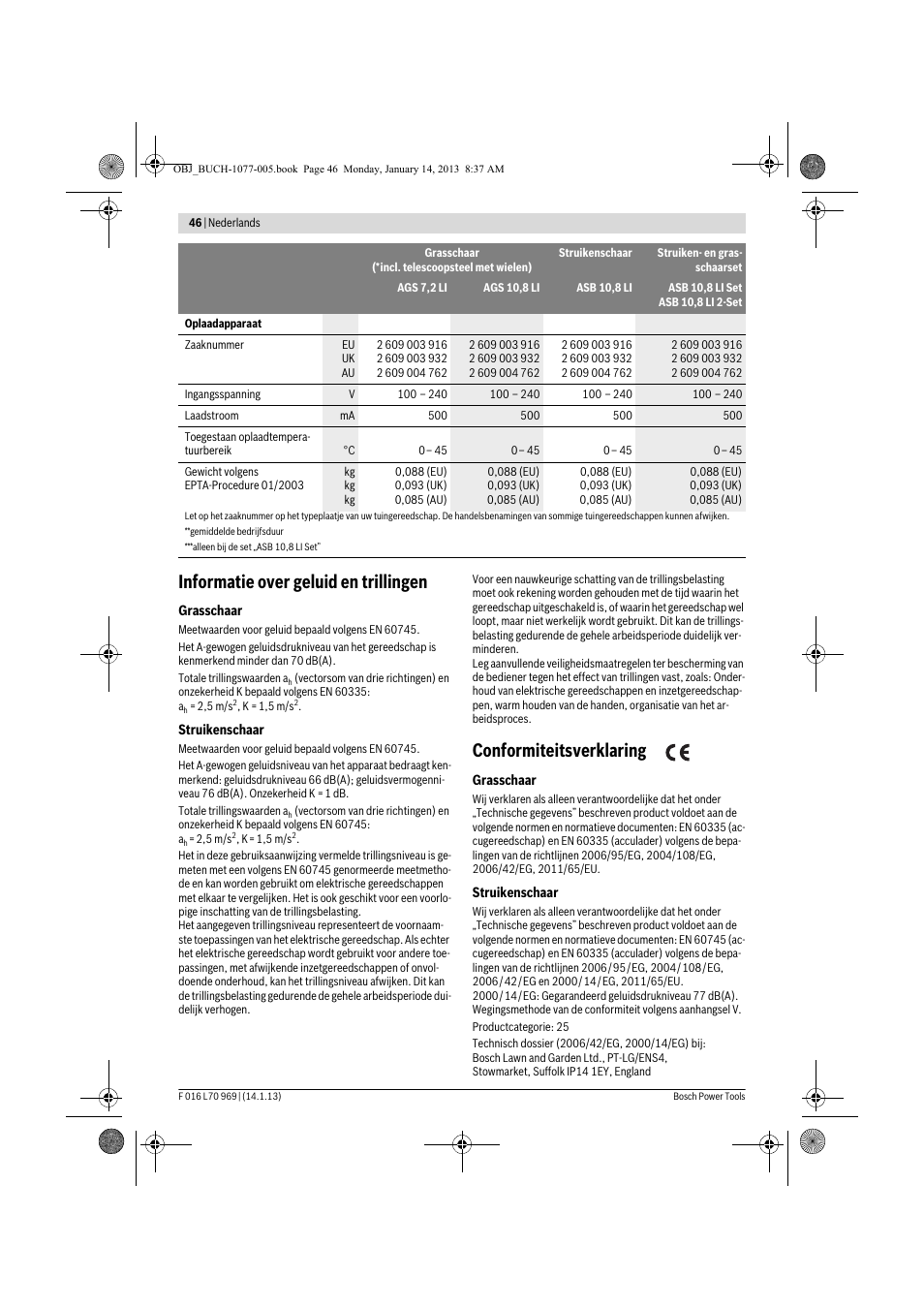Informatie over geluid en trillingen, Conformiteitsverklaring | Bosch AGS 7,2 LI User Manual | Page 46 / 177