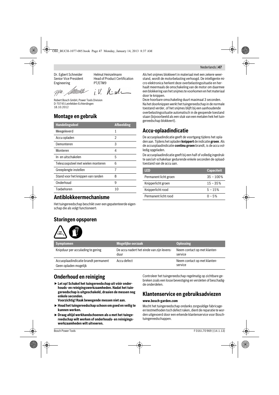 Montage en gebruik antiblokkeermechanisme, Accu-oplaadindicatie, Storingen opsporen onderhoud en reiniging | Klantenservice en gebruiksadviezen | Bosch AGS 7,2 LI User Manual | Page 47 / 177