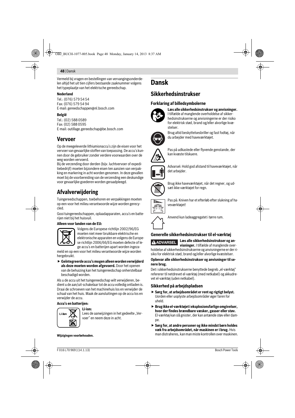 Dansk, Vervoer, Afvalverwijdering | Sikkerhedsinstrukser | Bosch AGS 7,2 LI User Manual | Page 48 / 177