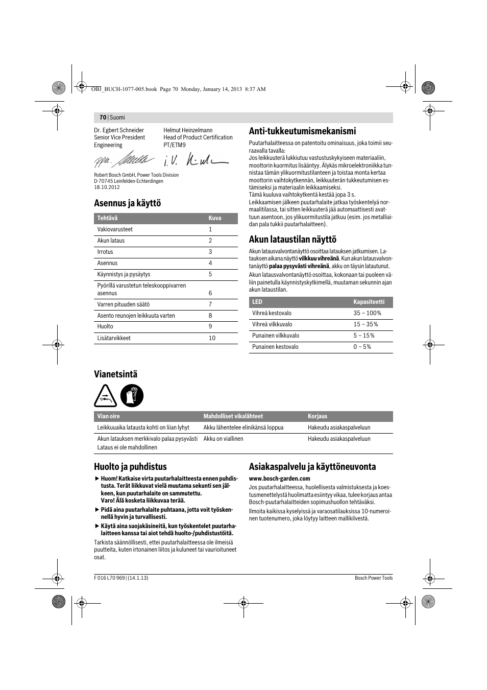 Asennus ja käyttö anti-tukkeutumismekanismi, Akun lataustilan näyttö, Vianetsintä huolto ja puhdistus | Asiakaspalvelu ja käyttöneuvonta | Bosch AGS 7,2 LI User Manual | Page 70 / 177