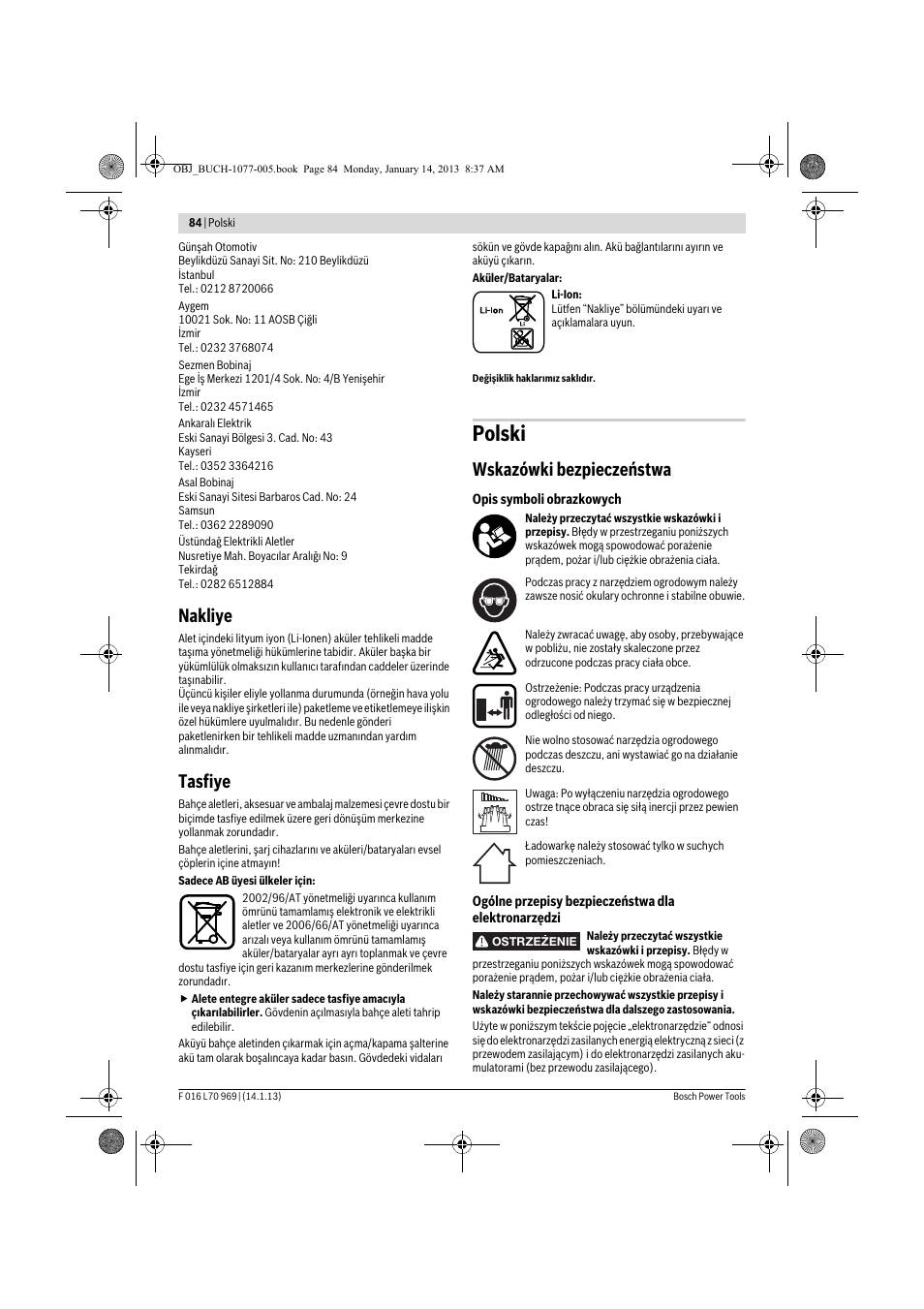 Polski, Nakliye, Tasfiye | Wskazówki bezpieczeństwa | Bosch AGS 7,2 LI User Manual | Page 84 / 177